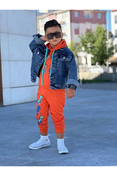ELONKİDS Denim Jacket and Dino Tracksuit Set Boy Combine (E0260)