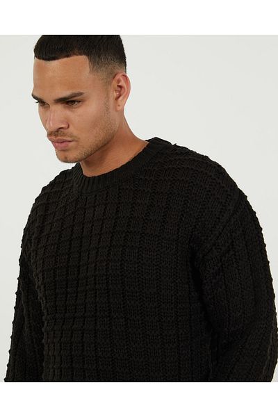 elkumoda Natural Cotton Oversize Sweater - Square Knit Pattern, Crew Neck, Non-Pilling Loose Knitwear