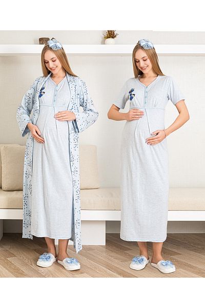 ERDENİZ TEKSTİL Cămașă de noapte de maternitate și rochie de dimineață Cămașă de noapte de maternitate / Set de cămașă de noapte cu mâneci scurte, broderie și rochie de dimineață cu imprimeu