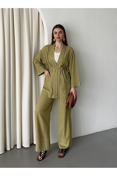 Laluvia Khakifarbenes Kimono-Set mit Taschendetail und Gürtel – 8491