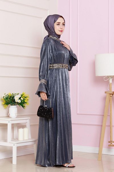 Sevitli Rochie de seara cu maneca cu volan si broderie - bleumarin
