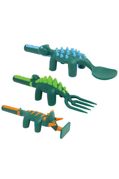 Eazy Kids Spoon, Fork & Pusher - Dark Green, Dinosaur, 3Pcs