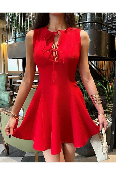 LOCH BUTİK Women's Red Front Bust Bow Skirt Mini Dress with Fluff