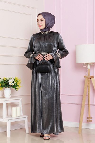 Sevitli Rochie de seara cu volan brodata de culoare antracit