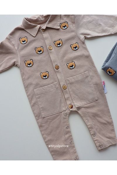 TinyAlp Soft Denim Fabric Teddy Bear Patterned Baby Boy Jumpsuit