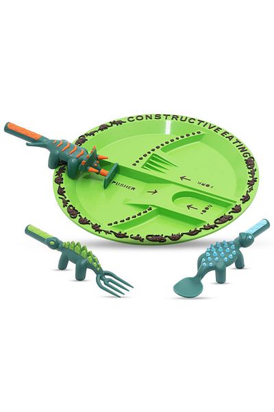 Eazy Kids Eating Plate w/ Spoon, Fork & Pusher - Dinosaur