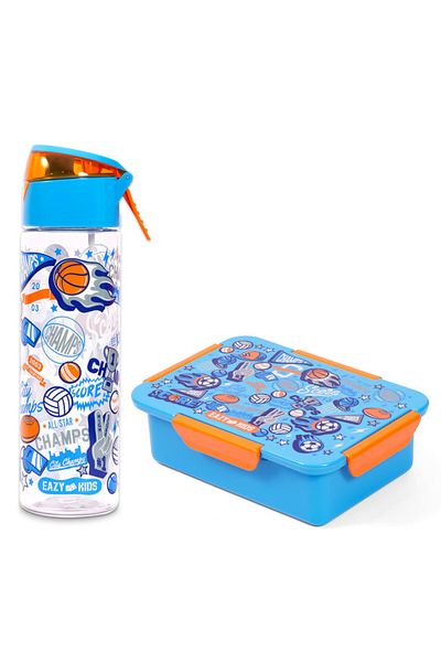 Eazy Kids Lunch Box and Tritan Water Bottle w / Spray, Soccer - Blue, 750ml