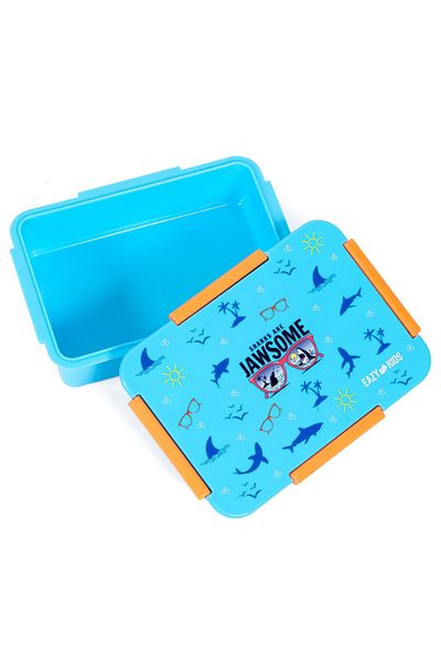 Eazy Kids Lunch Box and Tritan Water Bottle w / 2in1 drinking Flip lid and Sipper Jawsome - Blue