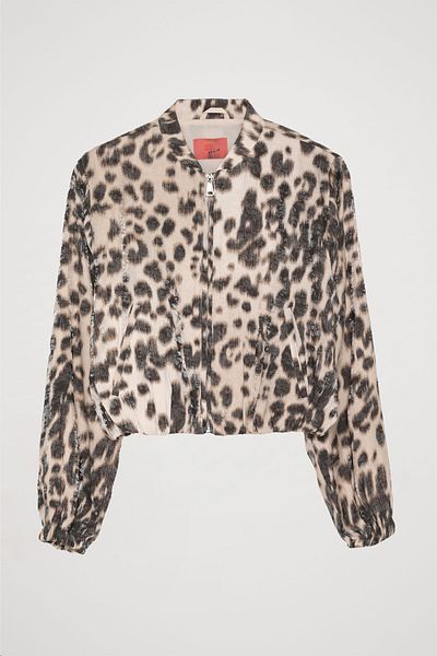 Quzu Jachetă bomber cu fermoar cu model leopard de culoare piatră