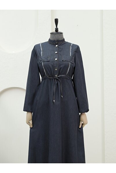 Modamorfo Half Button Tassel Detail Tunnel Lace up Denim Dress -Black