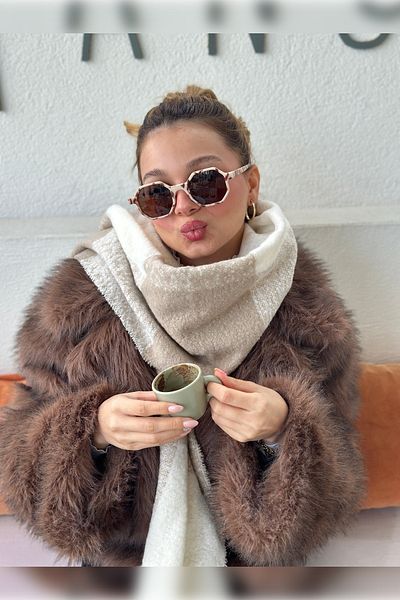 Luminos Butik Soft Textured Tasseled Plaid Patterned Warm Scarf - Beige, White, Mink Colors Sal1284