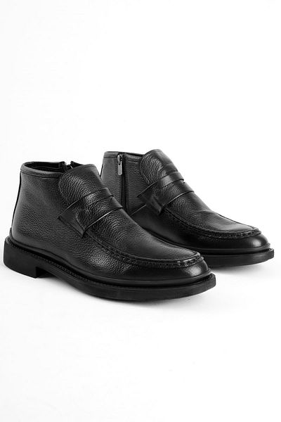 Lal Shoes & Bags Karmen Men's Genuine Leather Sewing Detailed Zippered Boots-Black