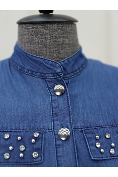 Modamorfo Φόρεμα Indigo Jeans - Πέτρινη λεπτομέρεια τσέπη και κορδόνια σήραγγας