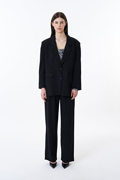 Quzu Çift Düğmeli Oversize Blazer Ceket Siyah