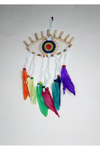 19 cm-31 cm Bambu Kasnaklı Renkli Kirpikli Göz Dream Cather, Düş Kapanı, Rüya Kapanı No 71