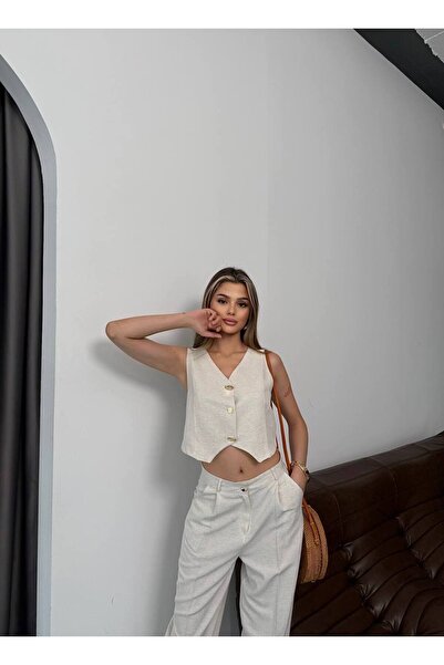 ARV MODA FASHİON THAT İNSPİRES New Season Linen Fabric - Gold Buttoned Vest a...