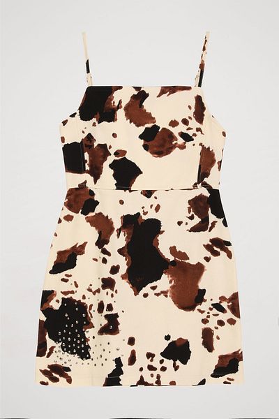 Quzu Ecru Mini Sling Dress - Cow Pattern