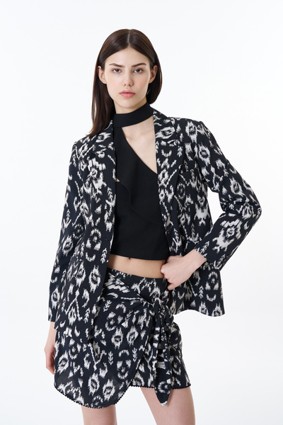 Quzu Etnik Desenli Kruvaze Blazer Ceket Siyah