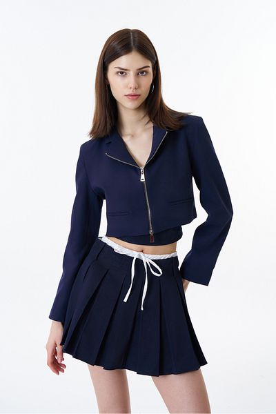Quzu Front Zip Crop Blazer Jacket Navy Blue