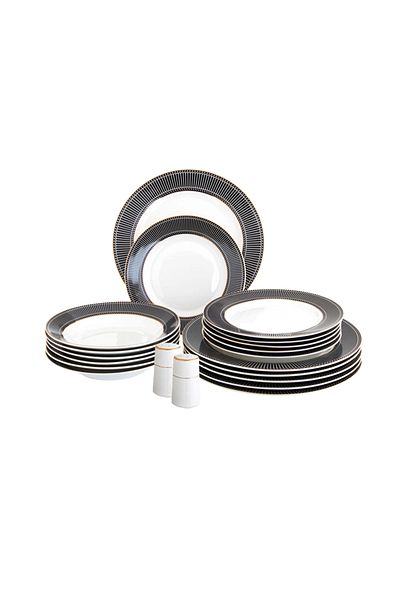 HIC Porcelain Dinner Set Black With Gold Design 20 Piece