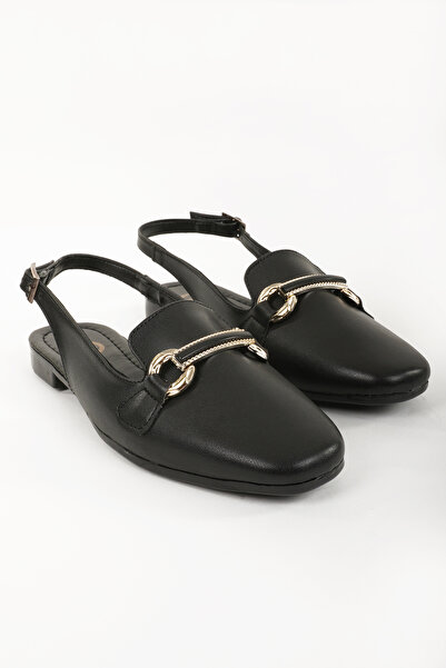 Eray حذاء راقصة باليه نسائي أسود مفتوح من الخلف ومزين بإبزيم