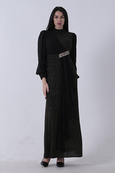 Feminist Bisiklet Yaka Beli Taş Detaylı Tesettür Abiye Gold Siyah 08061281