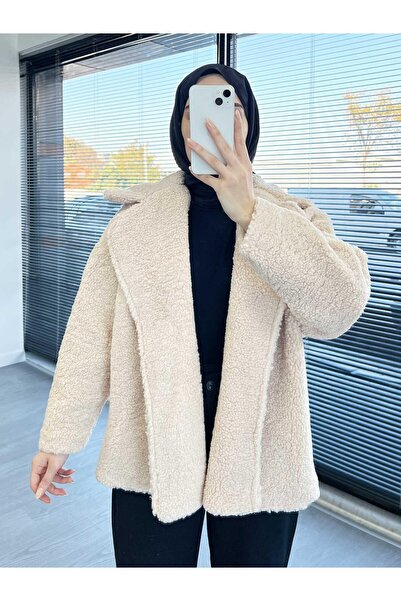MELEK ARAZ Krem Oversize Yumuşak Dokulu Kısa Kadın Teddy Kaban