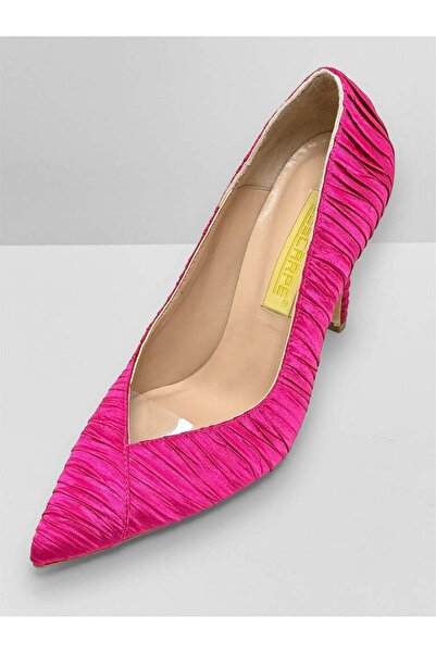 lescarpe 958 FUŞYA PLİSELİ SATEN KIRIŞIK KUMAŞ SİVRİ BURUNLU KADIN TOPUKLU AY...
