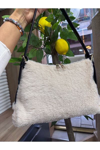 BEE BAGS Geantă de baghetă cu pene de pluș de culoare neagră Geantă de mână și de umăr casual