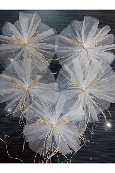 sevgi süsleme 5 Adet Beyaz Kristal Tüllü Doğal Rafyalı Bohça, Konvoy Süsü