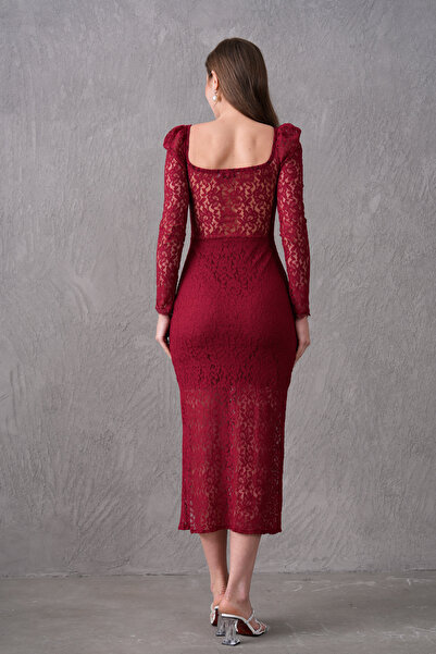 Secret Passion Lingerie Bordo Astarlı Dantel Kumaş Güpür ve Yırtmaçlı Tasarım Şık Midi Abiye Elbise 249