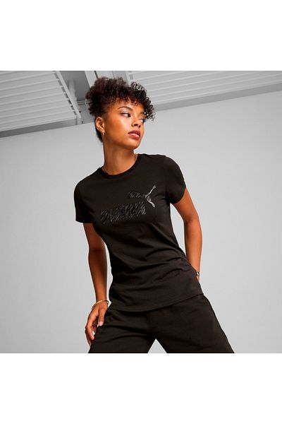 Puma Дамска тениска Essentials с животински мотив, черна, с кръгло деколте