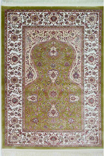 Quality Bambu İplikten Dokuma Parlak Tuşeli Krem ve Yeşil Renk Mihraplı Secca...