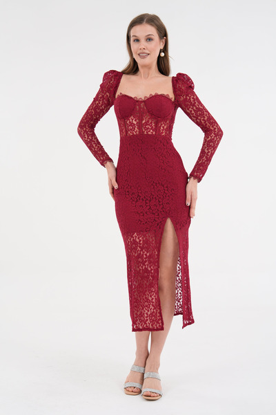 vuvutasarım Women's Lining Lace Fabric Square Neck Princess Sleeve Guipure Design Burgundy Midi Dress 249