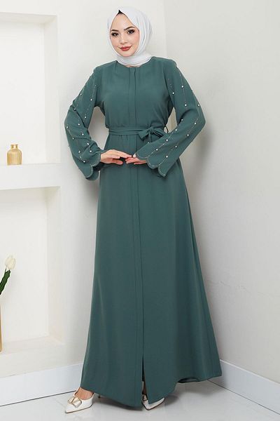 hafsamina Green Hidden Placket Stone Sleeve Ferace Hm2152