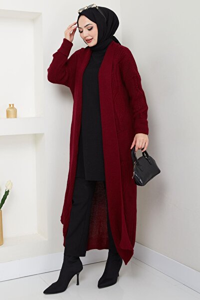 hafsamina Claret Red Knitwear Shawl Collar Cardigan - Hm2534 with Pockets