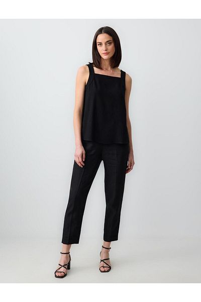 Jimmy Key Black Relaxed Fit Square Neck Sleeveless Linen Blouse