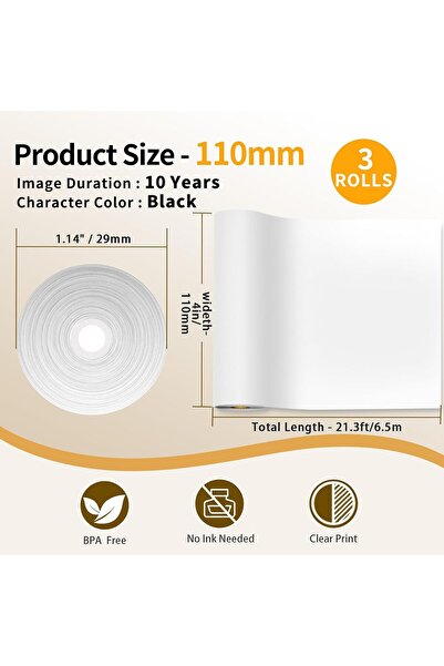 Phomemo 110mmx6,5mt Termal Kağıt, 3 Rulo 10 Yıl Dayanıklı M832 için Q22-RMSG10-110M8