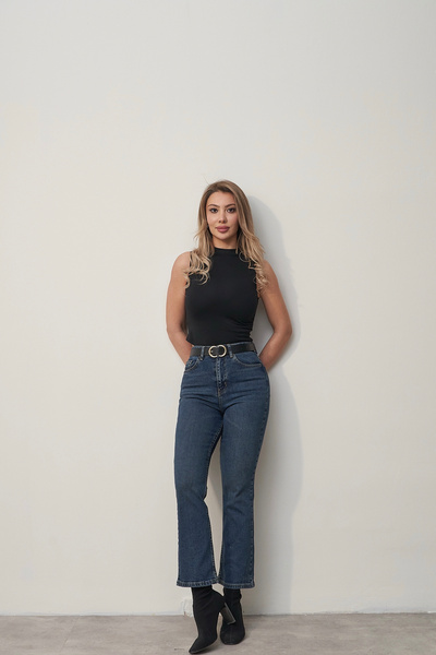 Rabia Çelik Γυναικείο σκούρο μπλε ψηλόμεσο τζιν παντελόνι μάρκας Flare Cut