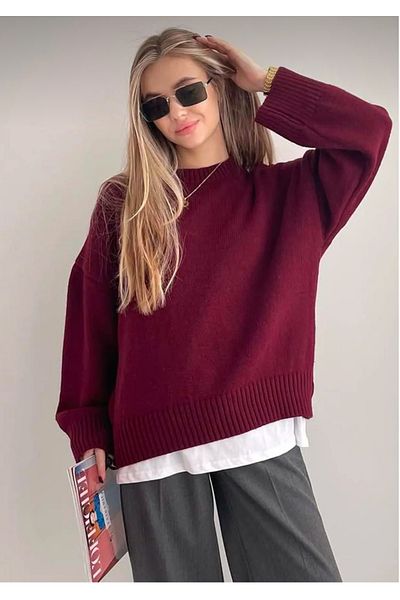 Gülce moda Burgundy Crew Neck Oversize Knitwear Sweater