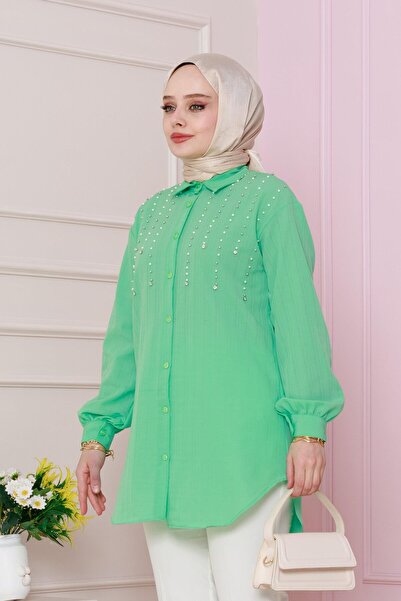 Sevitli Tunic with Pearls on the Front-Water Green