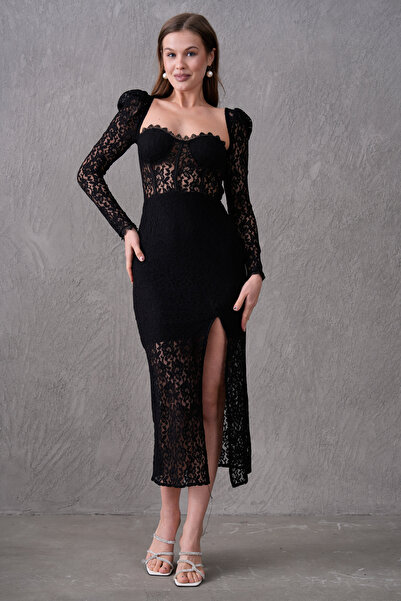 Secret Passion Lingerie Siyah Astarlı Dantel Kumaş Güpür ve Yırtmaçlı Tasarım Şık Midi Abiye Elbise 249