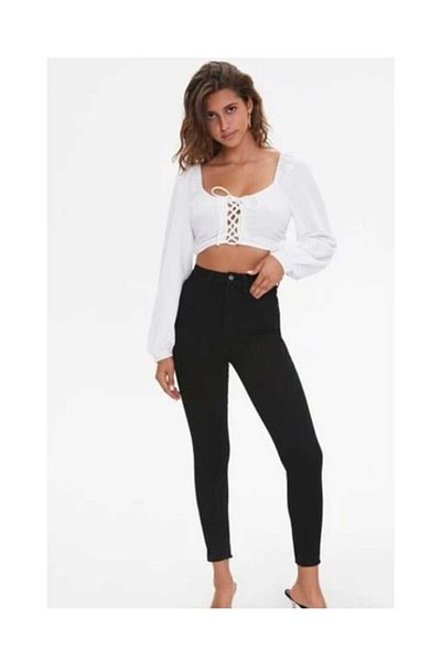 Pelin Black High Waist Full Lycra Linen Tight Leg
