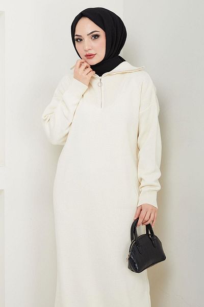 hafsamina White High Top Zippered Knitwear Dress - Hm2531