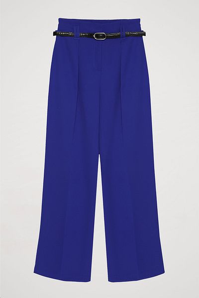 Quzu High Waist and Belt Detailed Wide Leg Pants Sax