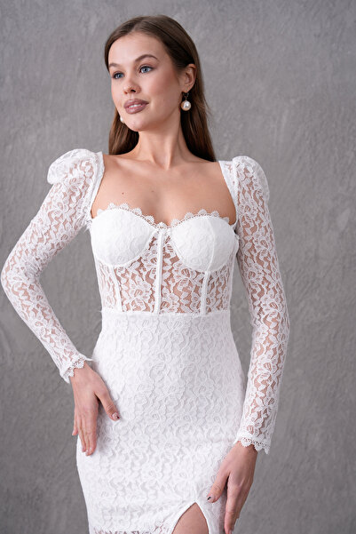 Secret Passion Lingerie Κομψό βραδινό φόρεμα μίντι με λευκή επένδυση από δαντέλα και σχέδιο με σχισμή 249