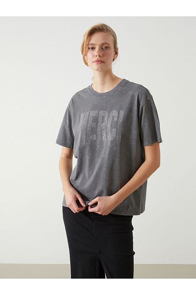 LC Waikiki Anthracite Crew Neck Stone Oversize Women's T-Shirt