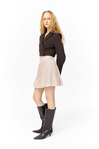 Quzu Natural Mini Skirt - Pleat Detail and Elastic Waist