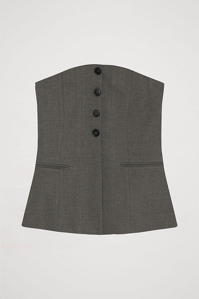 Quzu Button Detailed Strapless Blouse Dark Gray