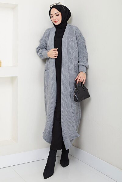 hafsamina Γκρι πλεκτό σάλι ζακέτα με τσέπες - HM2534